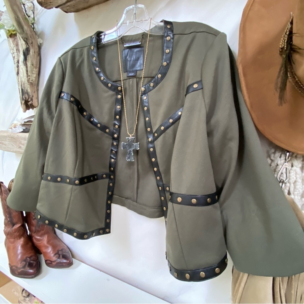 Trendy Bowlero Moto Studded boho spring open front jacket in army green